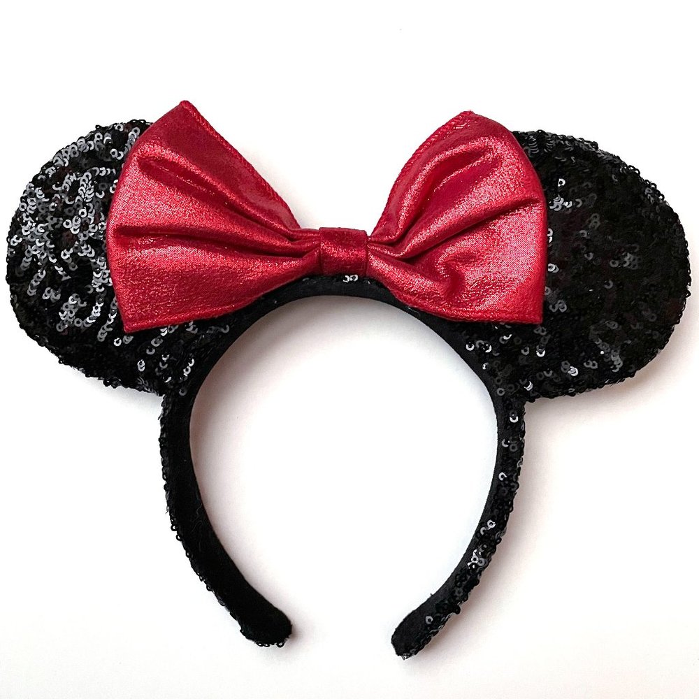 Disney Parks Black Sequin Red Metallic Bow Minnie Mouse Ears